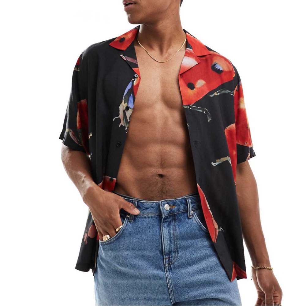 ✨5 for $25✨ASOS Printed Button-Up Shirt | Black & Red ladybug Print